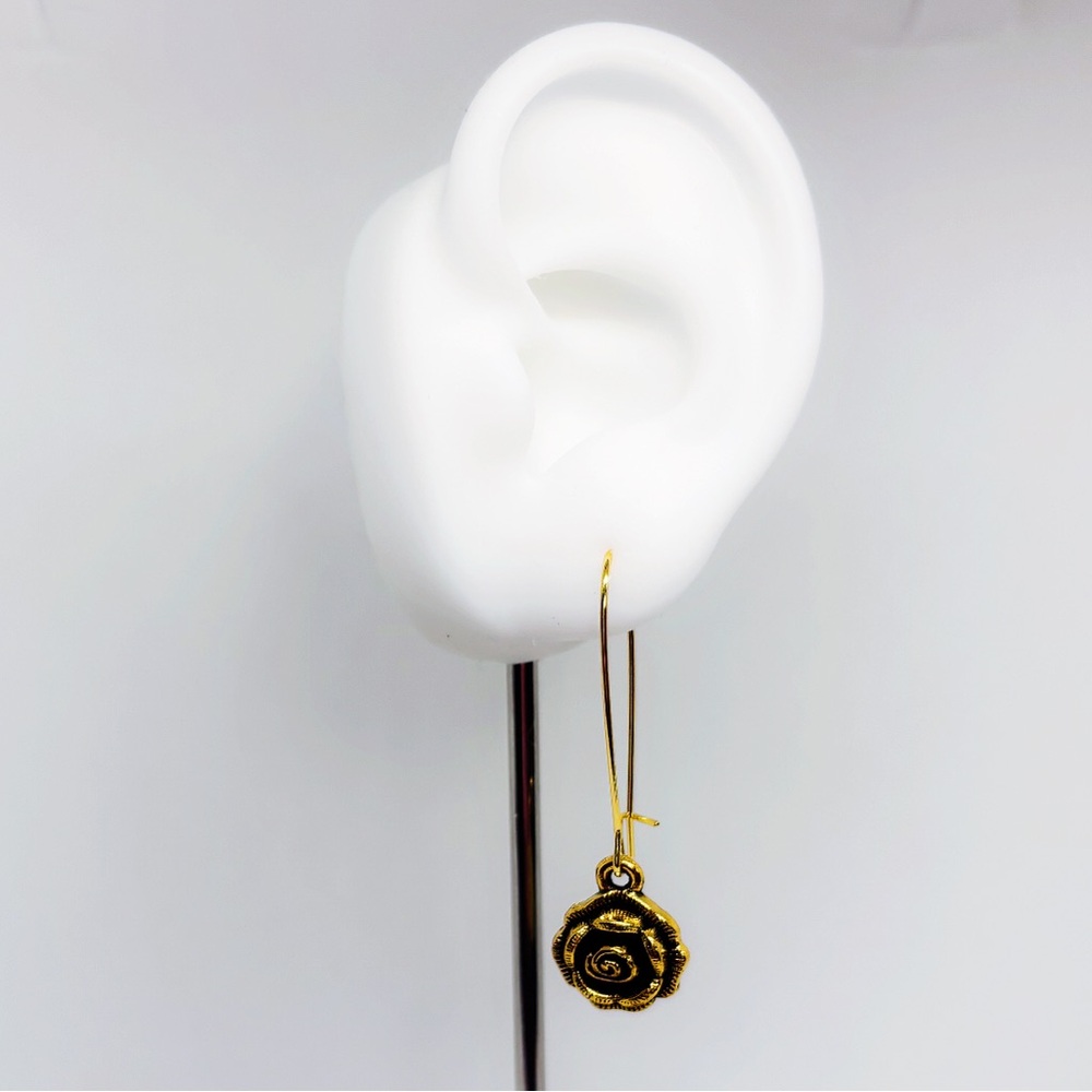 Artisan Handcrafted Antiqued Brass Long Kidney Wire Detailed Rose Earrings! - Picture 3 of 7